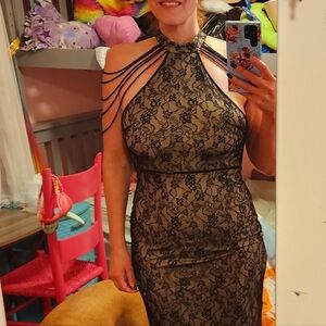 Black evening dress, large, lace, beads.